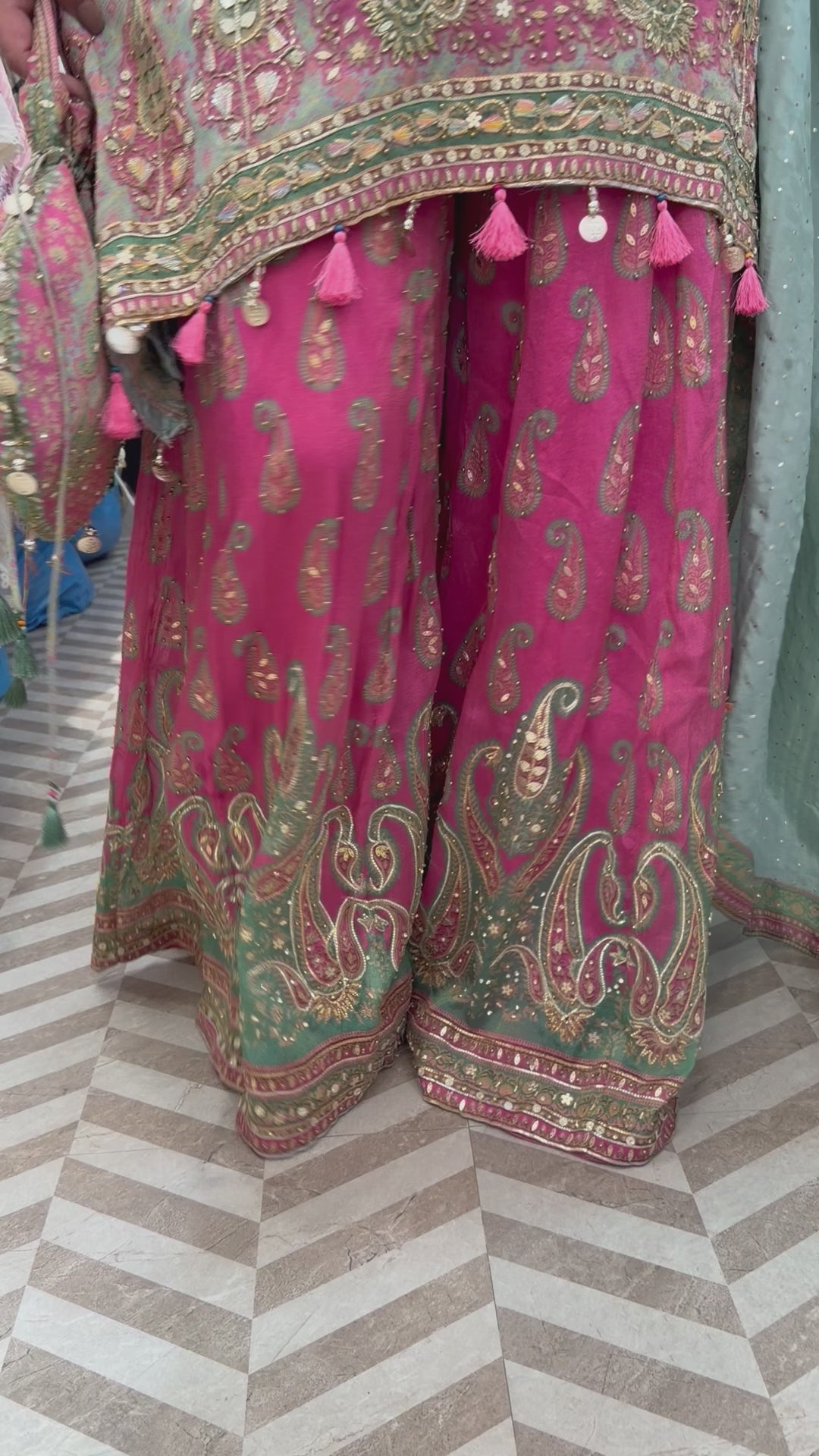 Pink Burberry Tissue Sharara Set with C-Cut &amp; Heavy Handwork