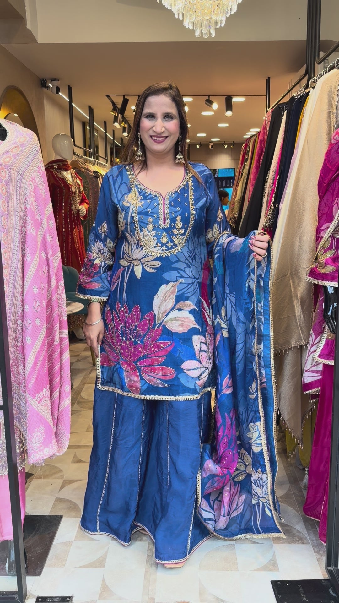 Blue Silk Organza Digital Printed Sharara Set with Handwork