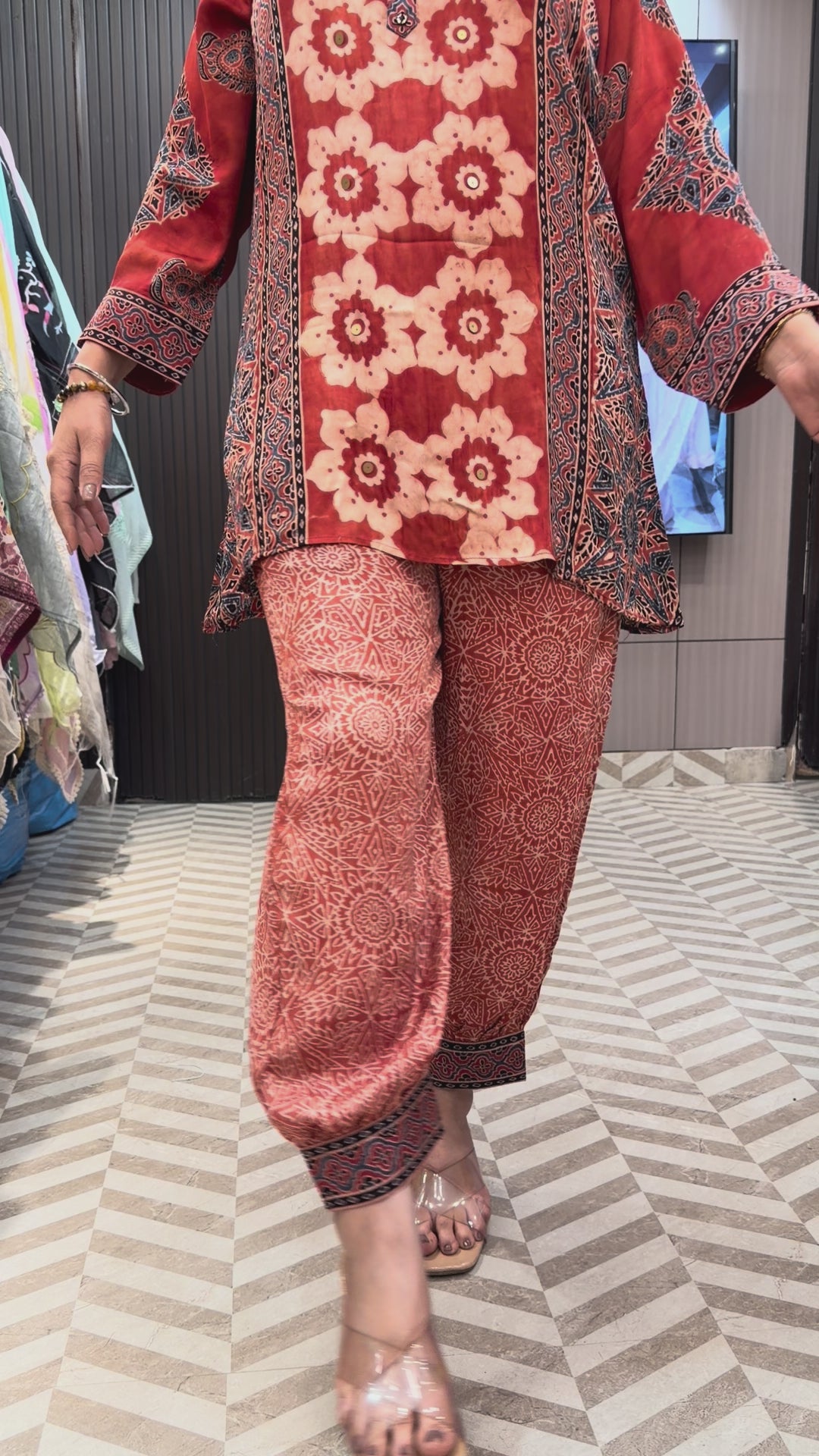 Rust Ajrakh Block Printed Co-ord Set with Afghani Salwar