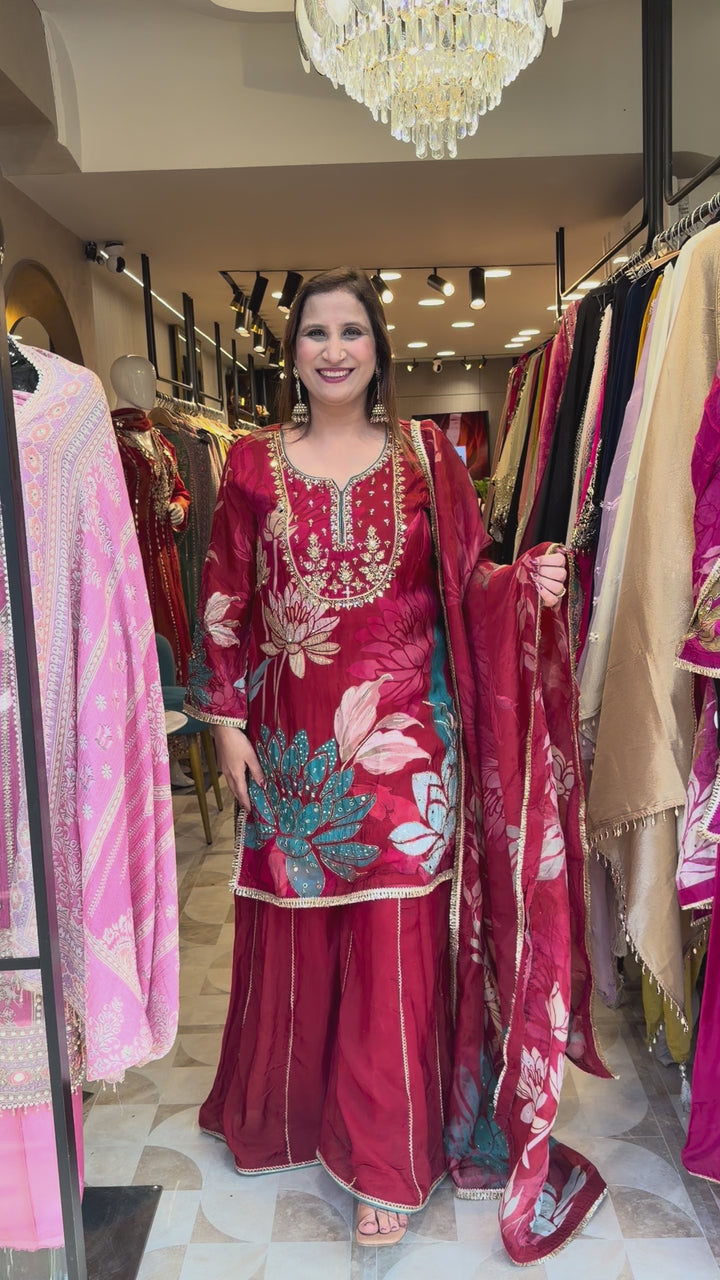 Red Silk Organza Digital Printed Sharara Set with Handwork
