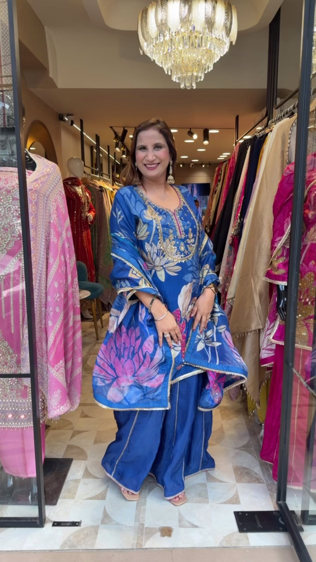 Blue Silk Organza Digital Printed Sharara Set with Handwork