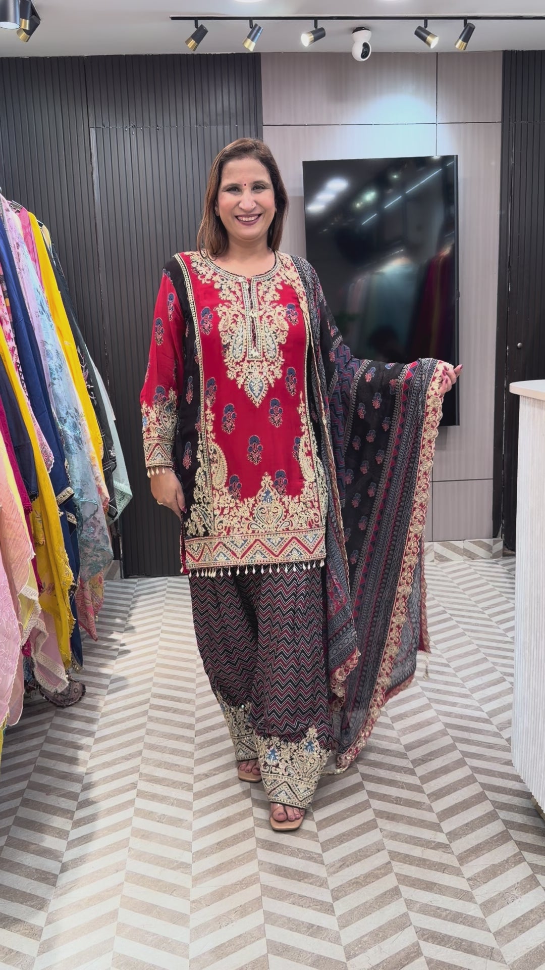 Noorika – Maroon Chinon Ajrak Printed Dori Work Suit
