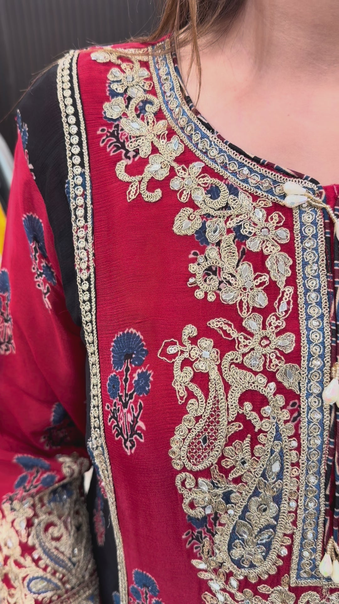 Noorika – Maroon Chinon Ajrak Printed Dori Work Suit