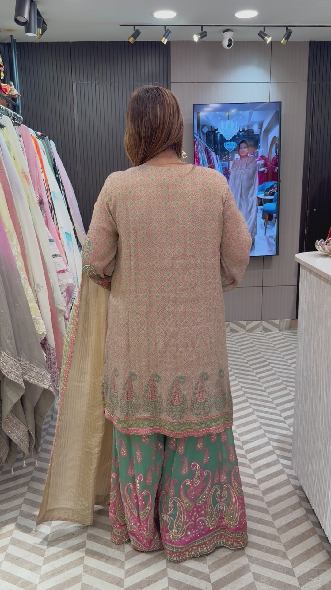 Green Burberry Tissue Sharara Set with C-Cut &amp; Heavy Handwork