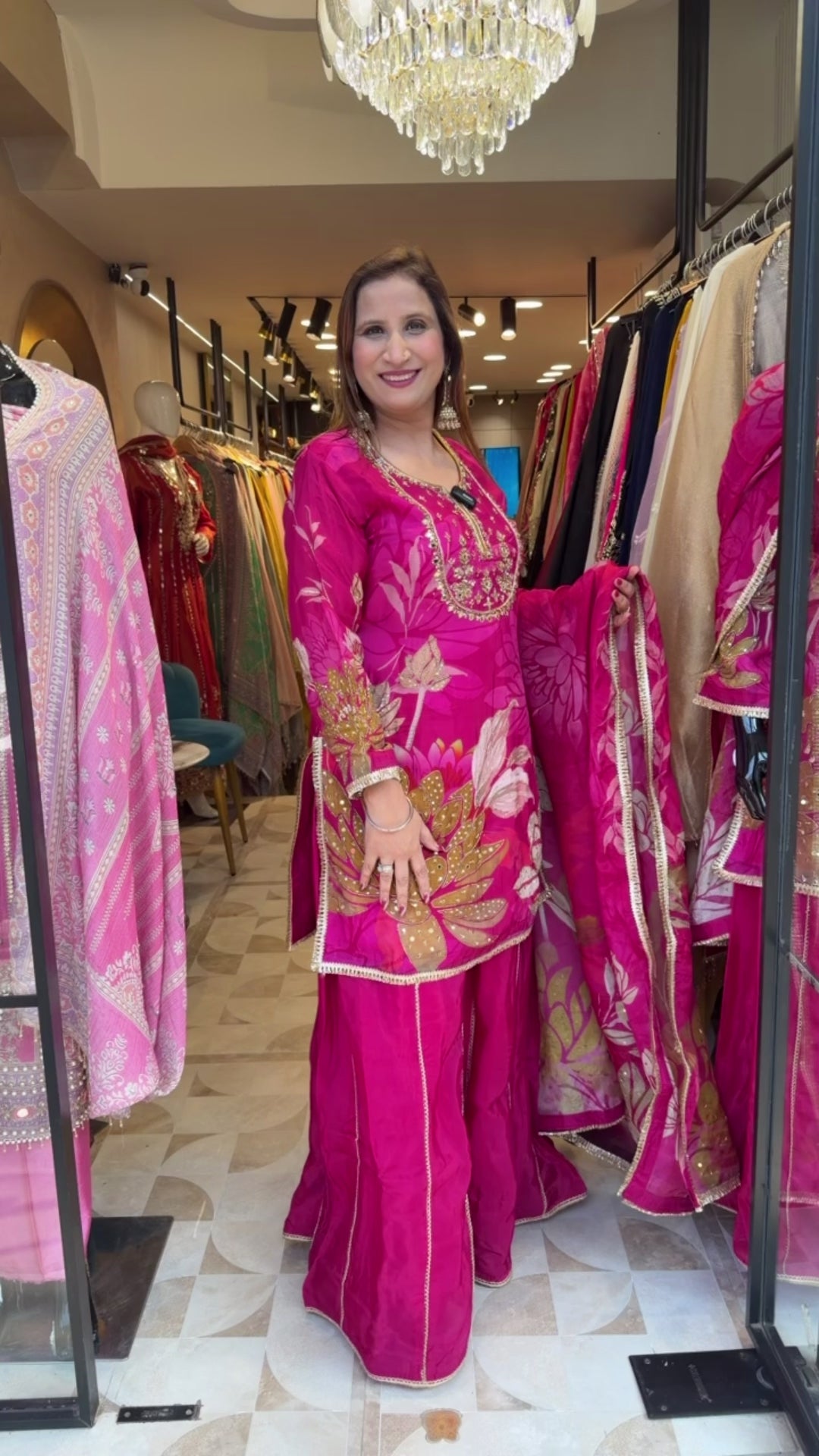 Pink Silk Organza Digital Printed Sharara Set with Handwork