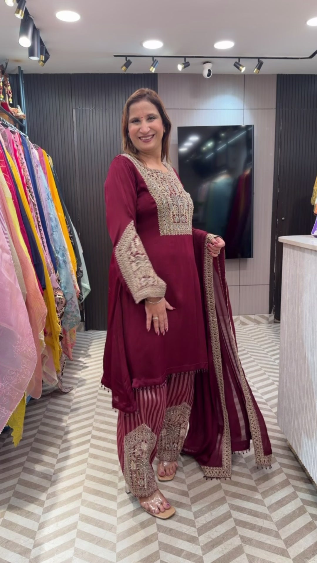 Meherza – Wine Satin Organza Farshi Salwar Suit