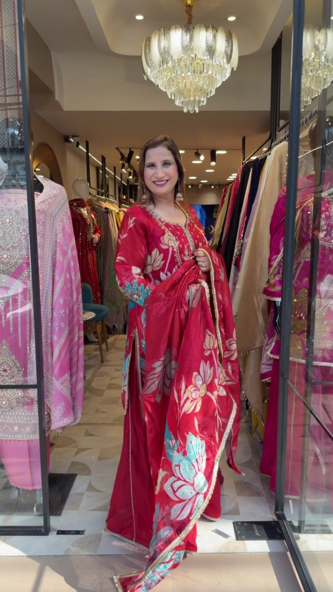 Red Silk Organza Digital Printed Sharara Set with Handwork