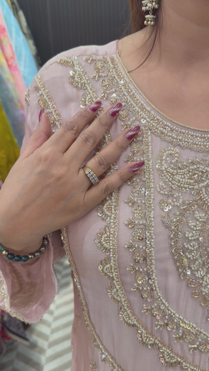 Baby Pink Luxury Chinon Sharara Ensemble