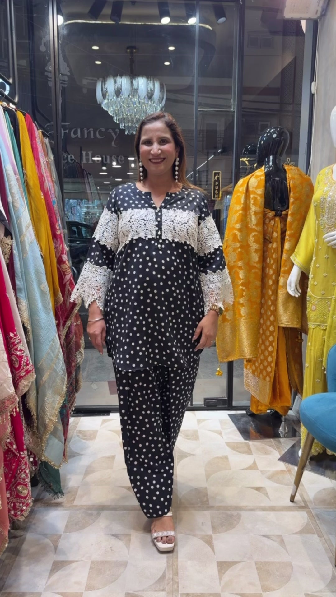 Black Polka Dot Cotton Co-ord Set with Farshi Salwar