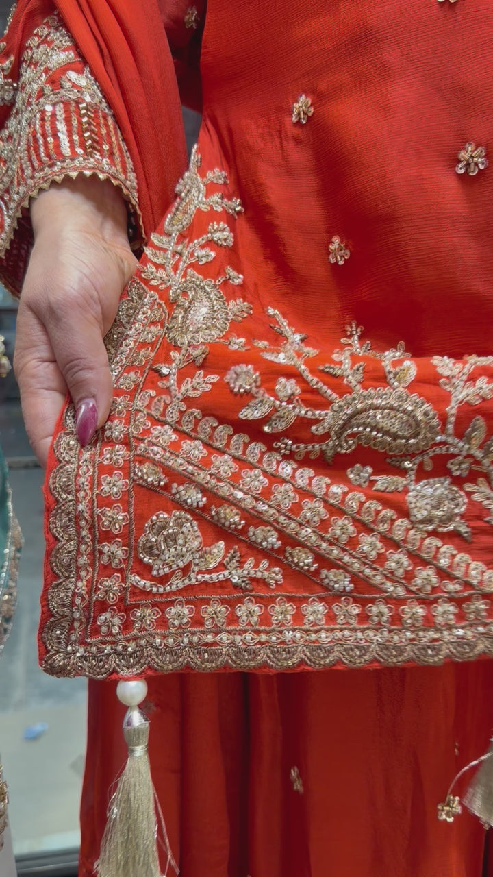 Zehvaya – Orange Chinon Beaded Sharara Set