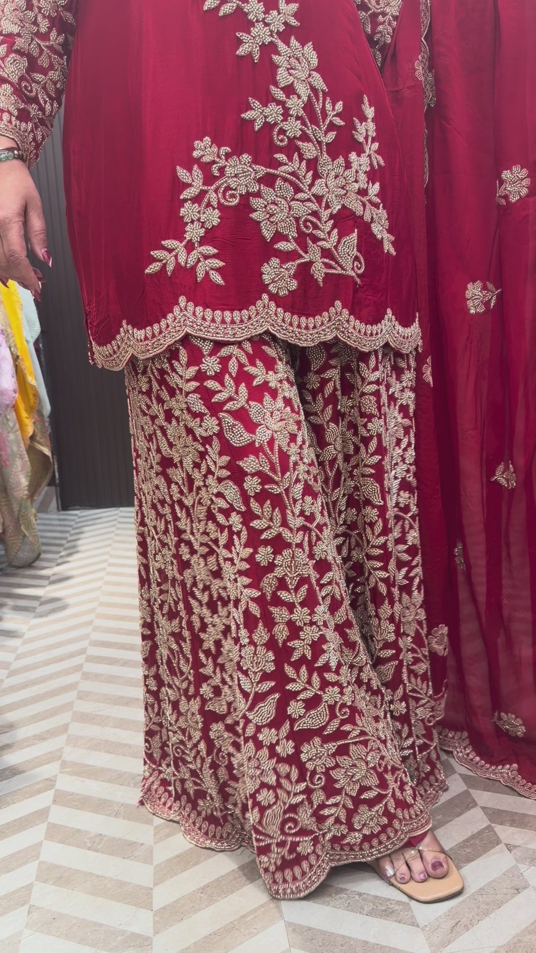Red Embellished Chinon Sharara Set