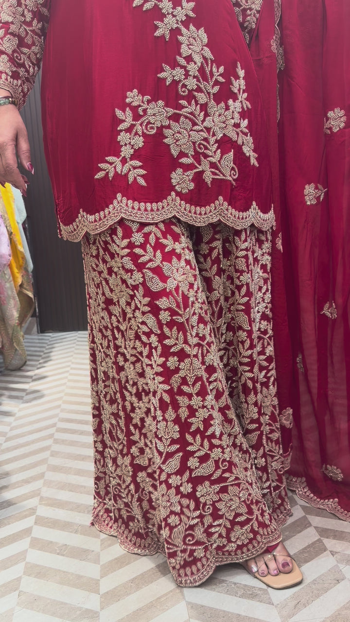 Red Embellished Chinon Sharara Set