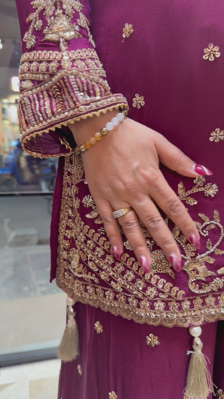 Zehvaya – Wine Chinon Beaded Sharara Set