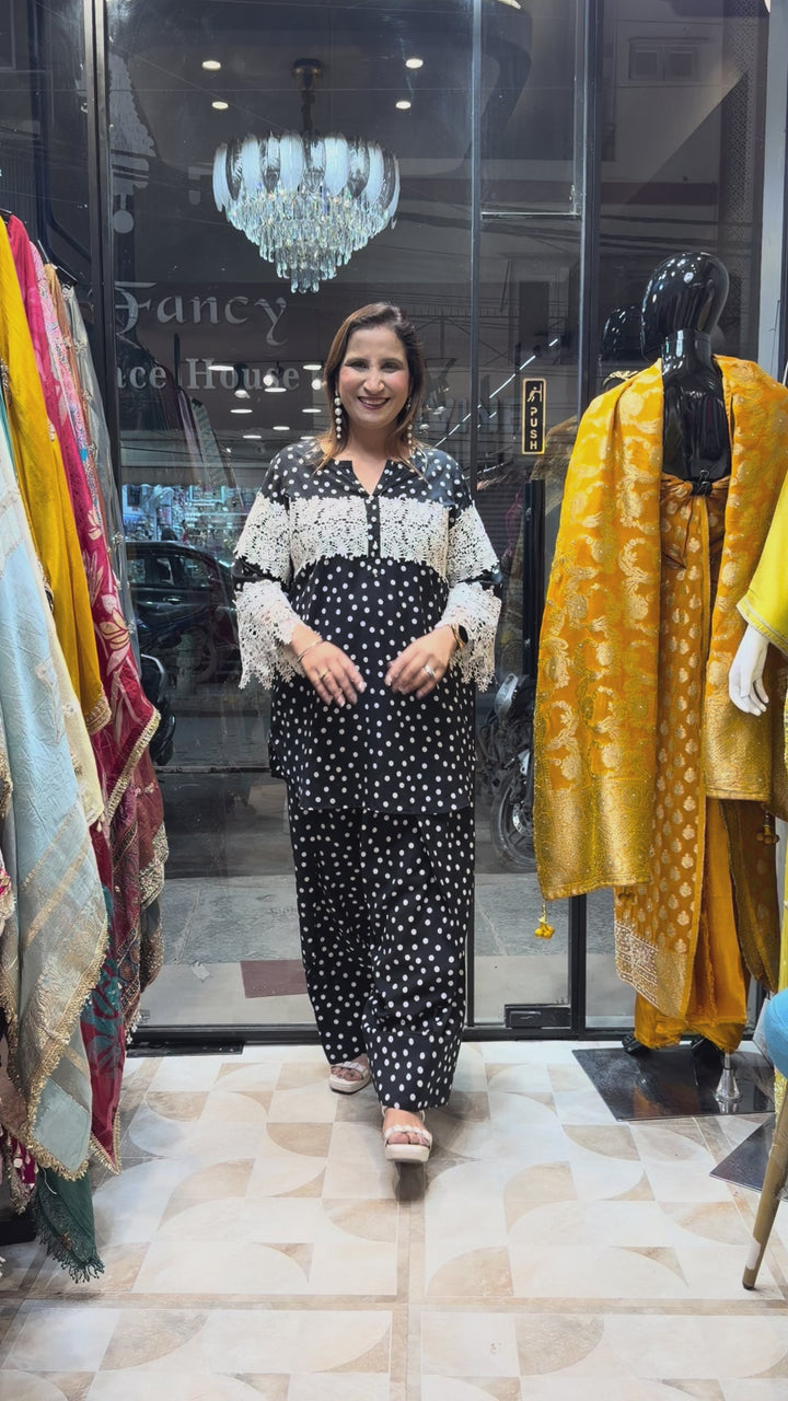 Black Polka Dot Cotton Co-ord Set with Farshi Salwar