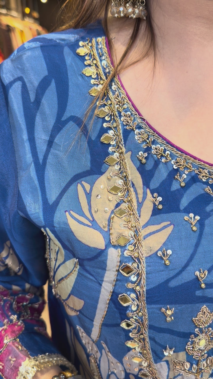 Blue Silk Organza Digital Printed Sharara Set with Handwork