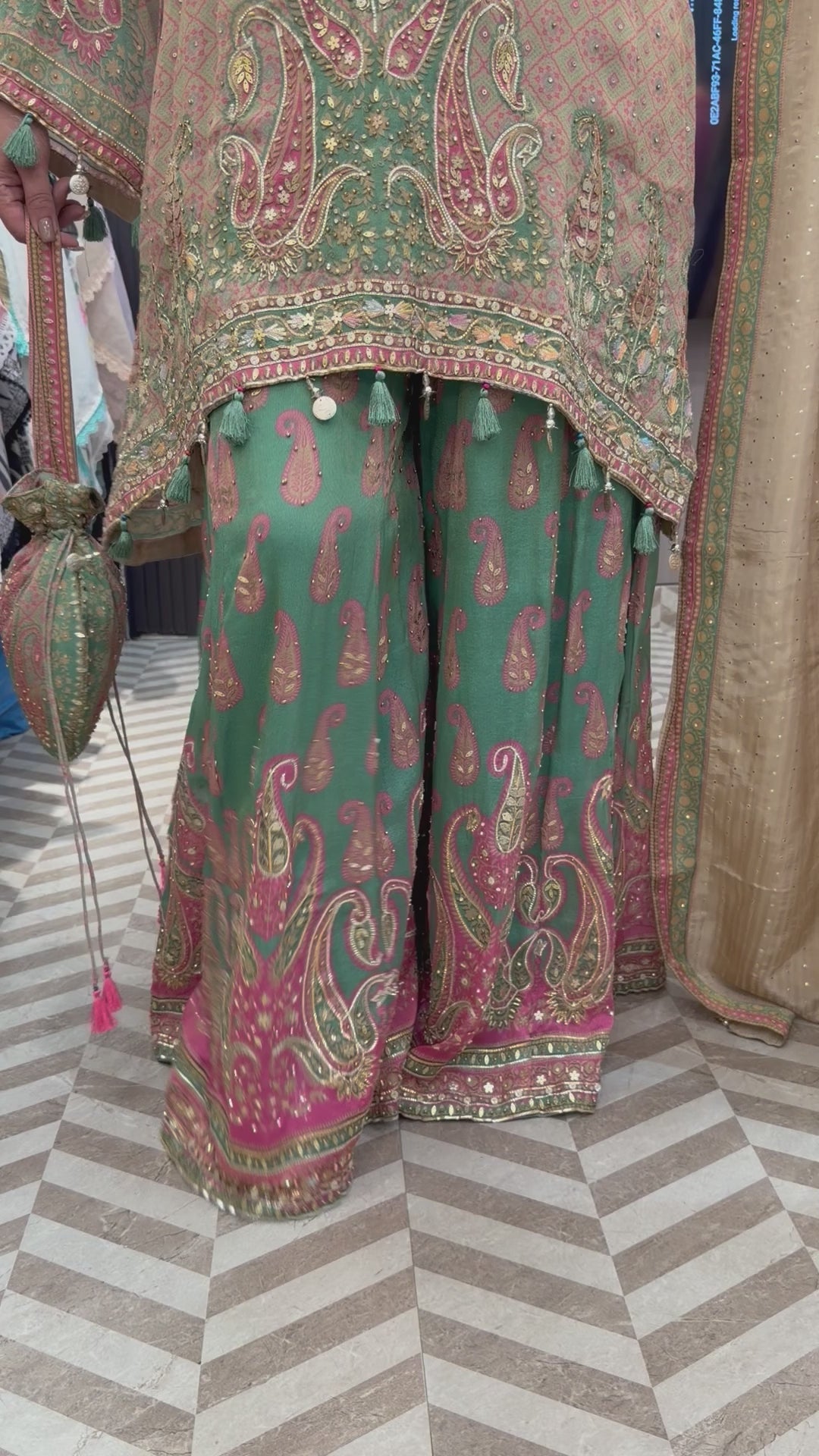 Green Burberry Tissue Sharara Set with C-Cut &amp; Heavy Handwork