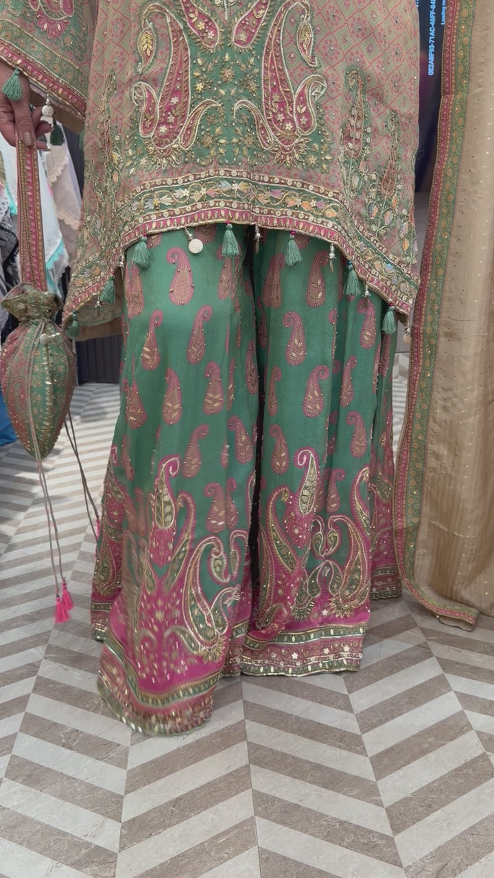 Green Burberry Tissue Sharara Set with C-Cut &amp; Heavy Handwork
