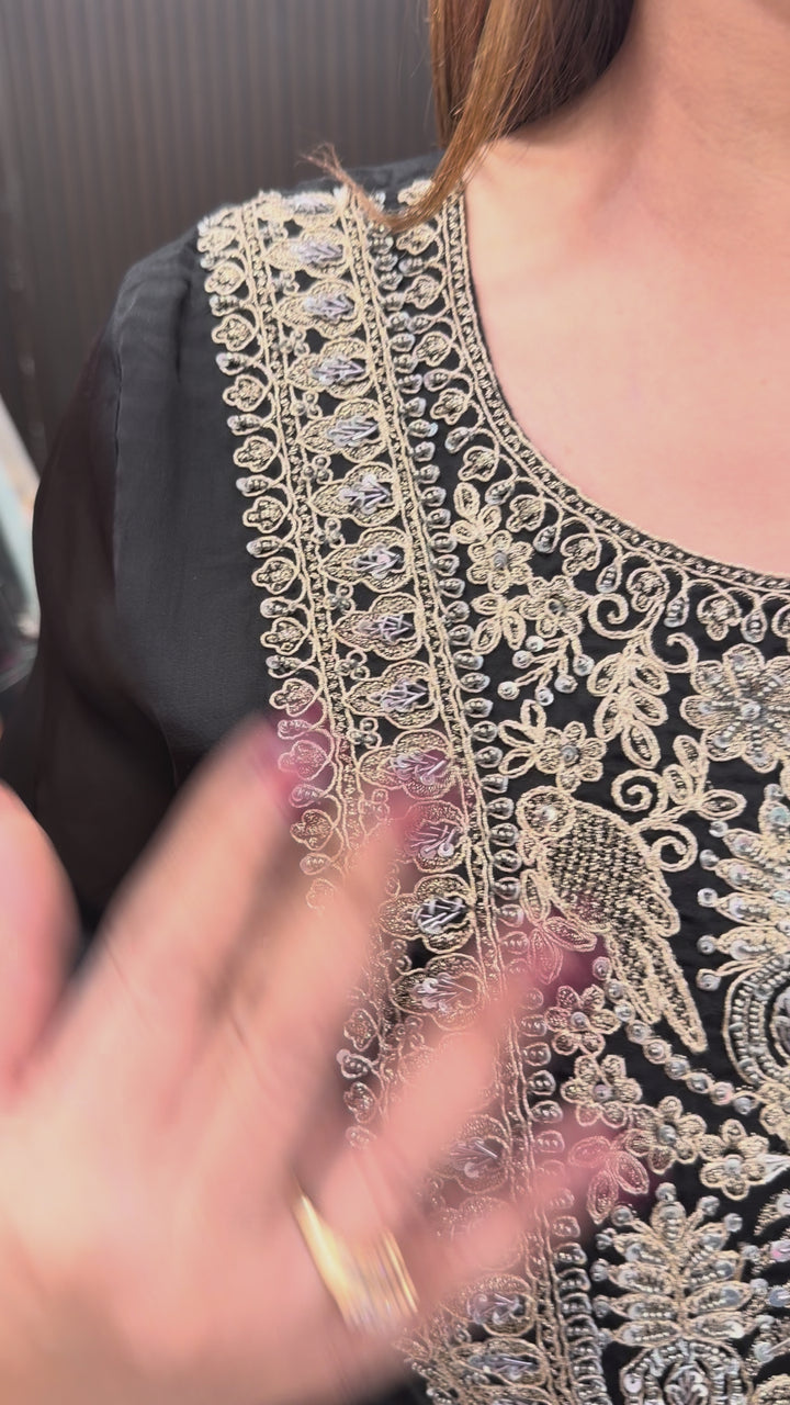 Meherza – Black Satin Organza Farshi Salwar Suit