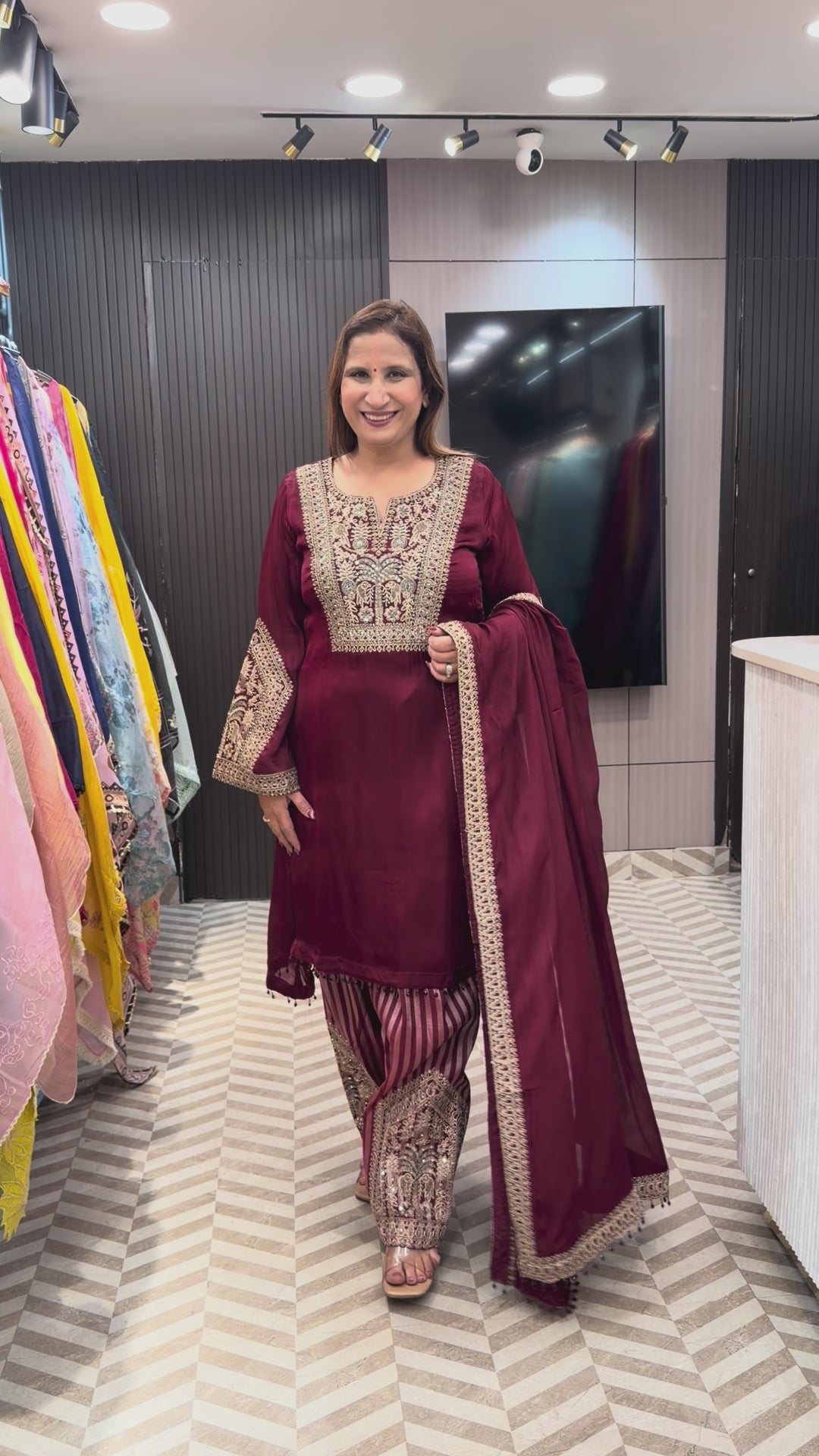 Meherza – Wine Satin Organza Farshi Salwar Suit