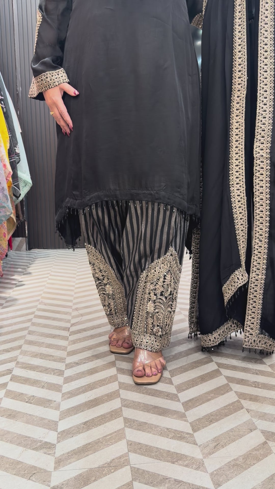 Meherza – Black Satin Organza Farshi Salwar Suit