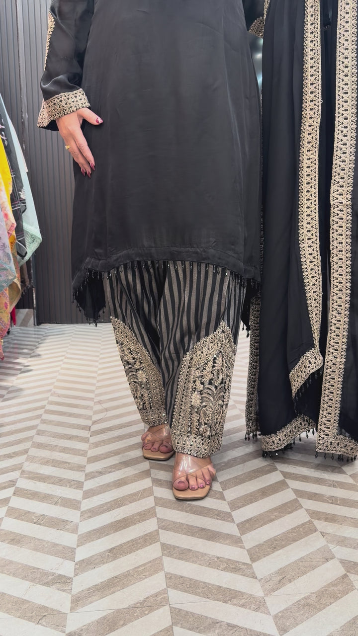 Meherza – Black Satin Organza Farshi Salwar Suit
