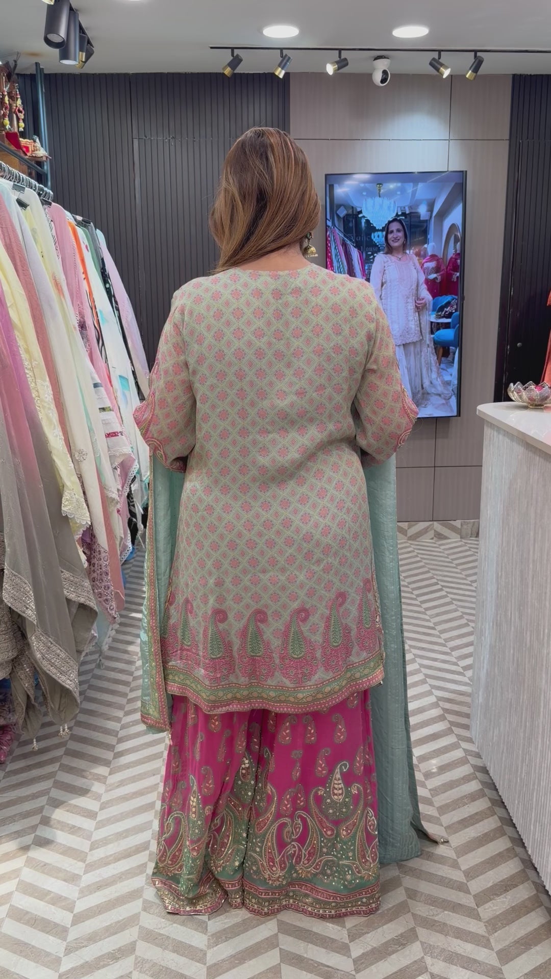 Pink Burberry Tissue Sharara Set with C-Cut &amp; Heavy Handwork