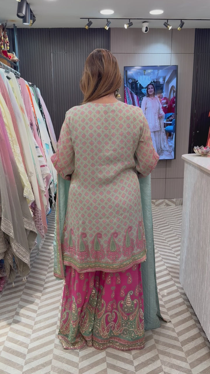 Pink Burberry Tissue Sharara Set with C-Cut &amp; Heavy Handwork