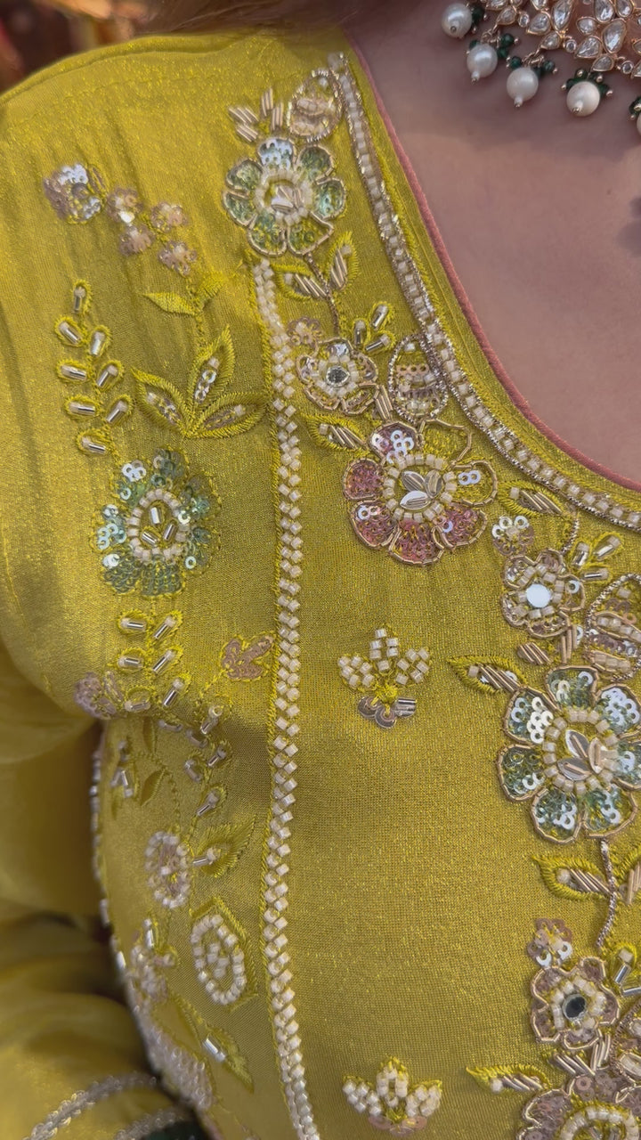 Zehvaya – Yellow Chinon Cutdana Sharara Set
