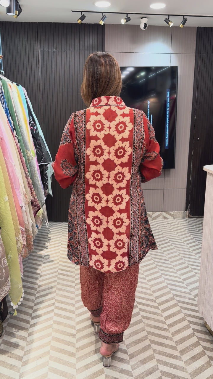 Rust Ajrakh Block Printed Co-ord Set with Afghani Salwar