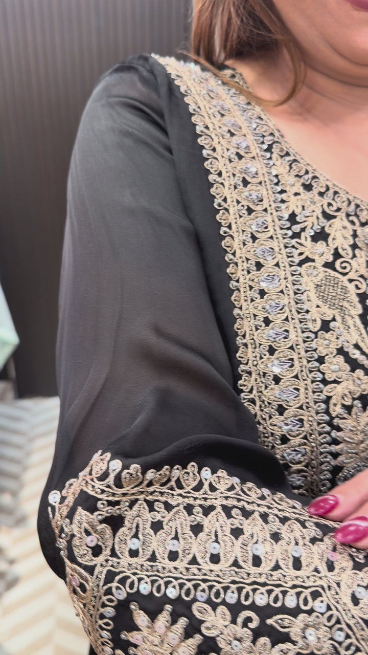 Meherza – Black Satin Organza Farshi Salwar Suit
