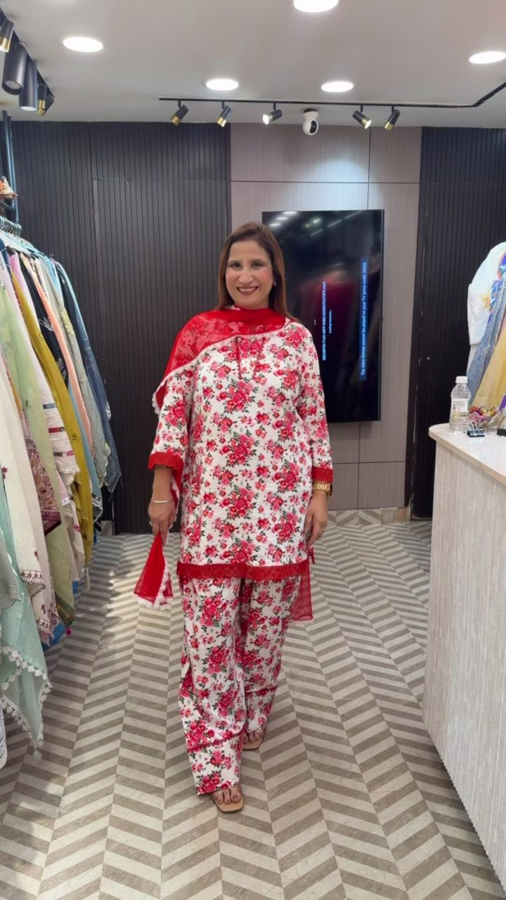 Cotton Floral Co-ord Set with Farshi Salwar &amp; Lace Detailing