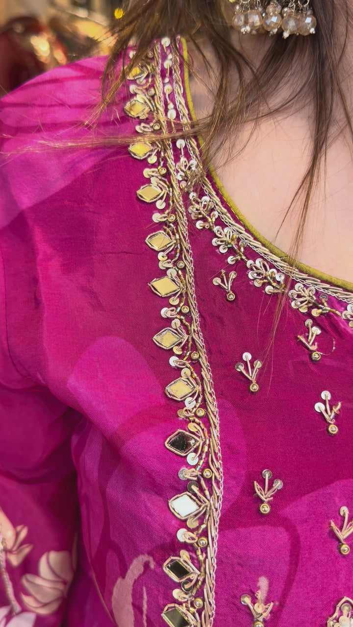 Pink Silk Organza Digital Printed Sharara Set with Handwork