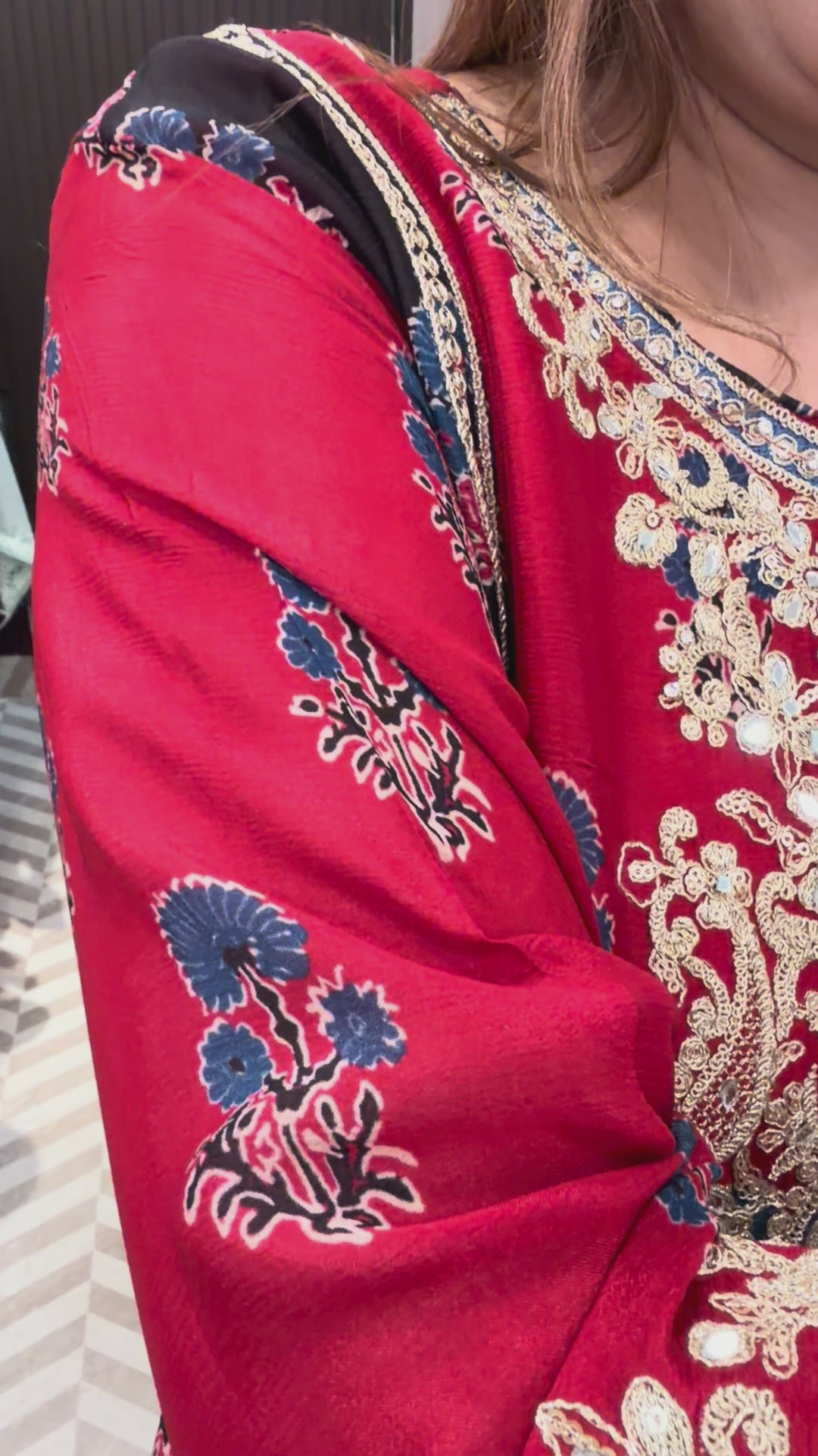 Noorika – Maroon Chinon Ajrak Printed Dori Work Suit