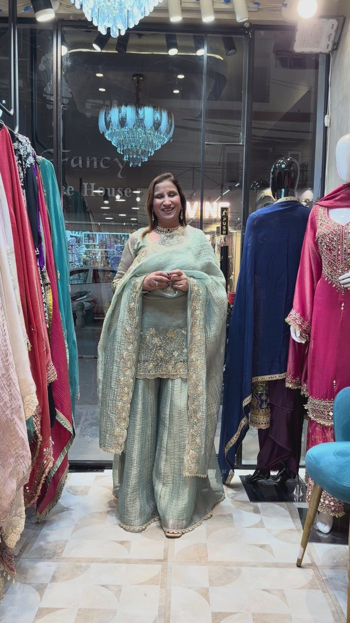 Zarvella – Blue Crushed Tissue Sharara Set
