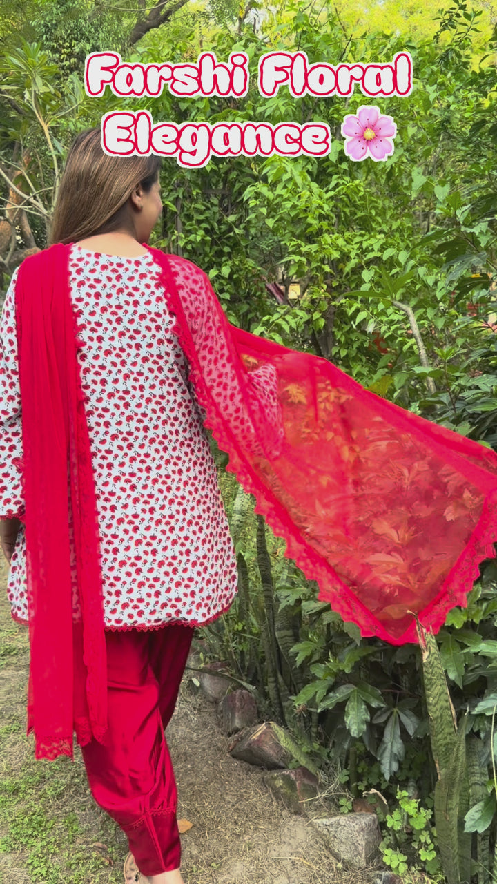 Printed Crepe Co-ord Set with Farshi Salwar &amp; Net Dupatta
