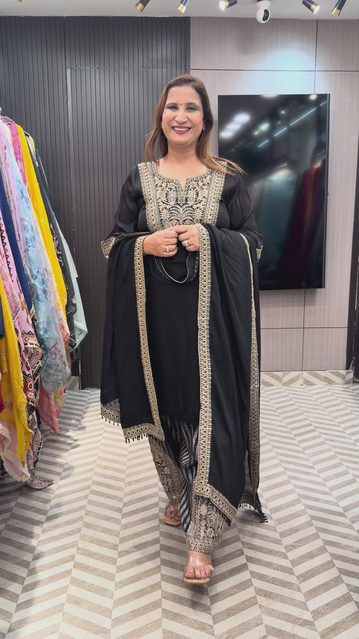 Meherza – Black Satin Organza Farshi Salwar Suit