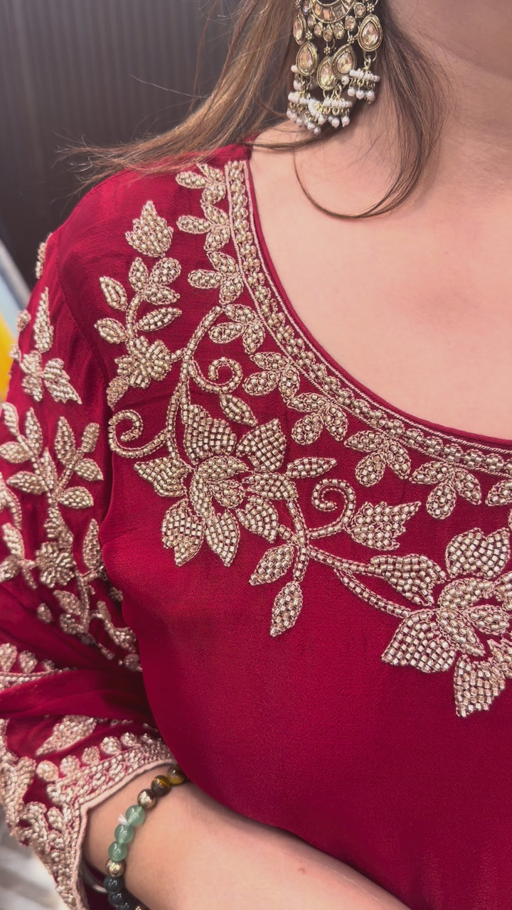 Red Embellished Chinon Sharara Set