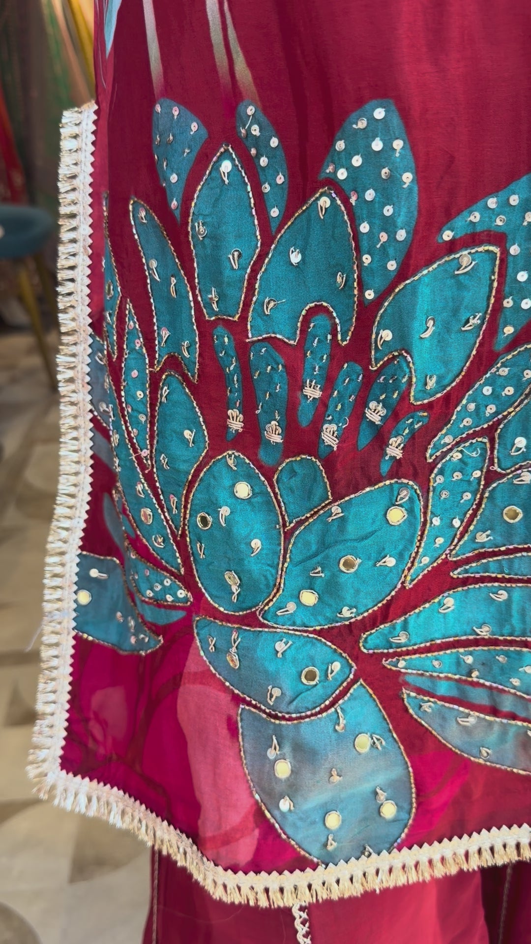 Red Silk Organza Digital Printed Sharara Set with Handwork